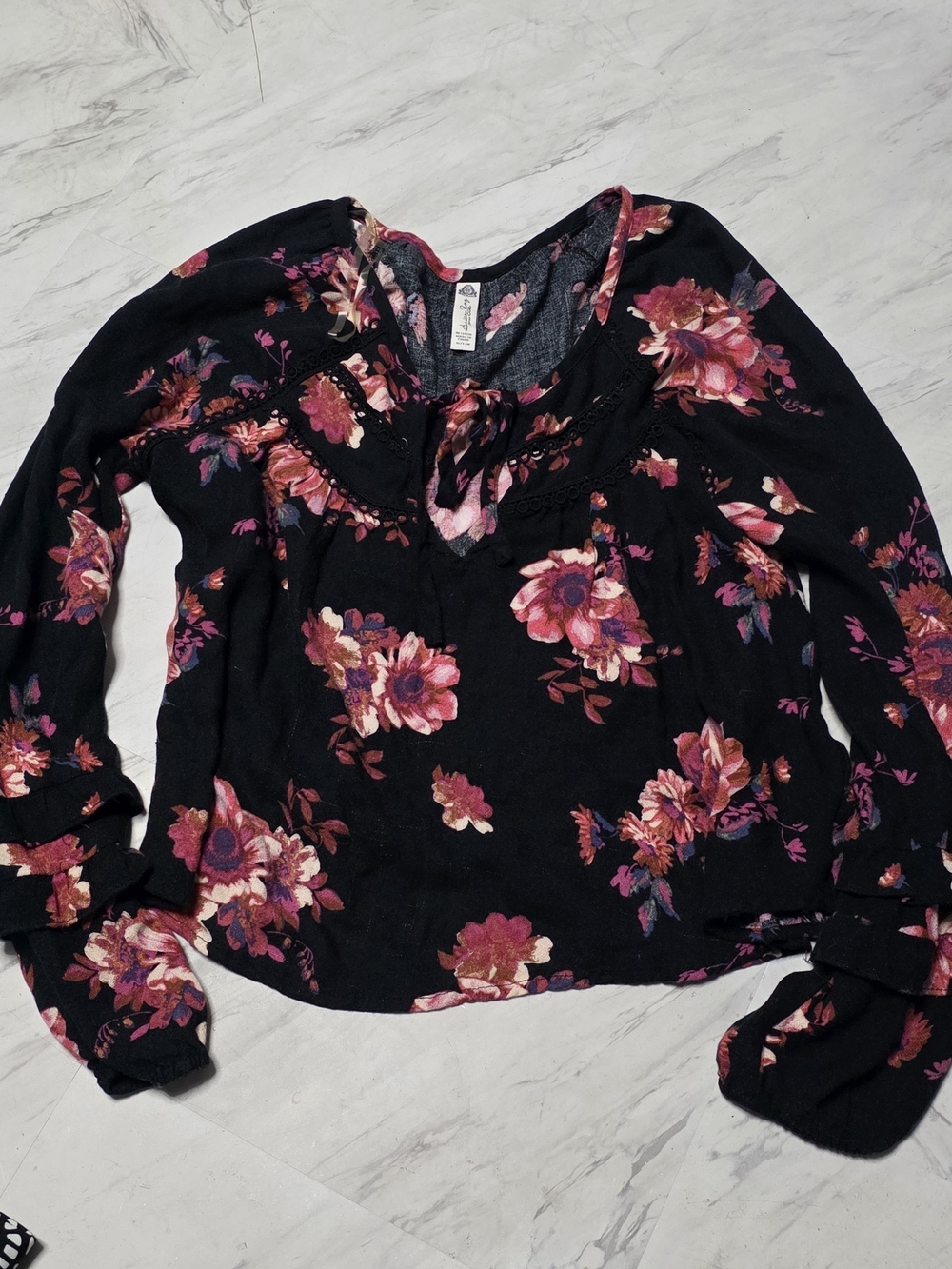 American Rag Black Long-Sleeve V-Neck Blouse with Pink Floral Print